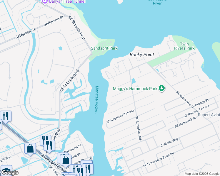 map of restaurants, bars, coffee shops, grocery stores, and more near 4589 Southeast Rocky Point Way in Stuart