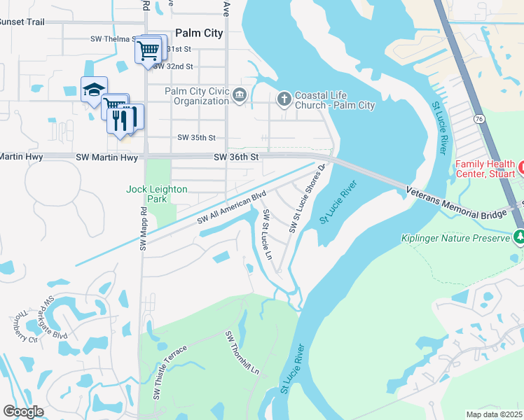 map of restaurants, bars, coffee shops, grocery stores, and more near 3878 Southwest Sailfish Drive in Palm City