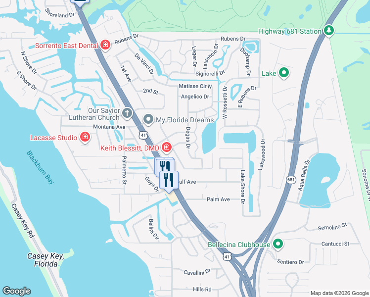 map of restaurants, bars, coffee shops, grocery stores, and more near 131 Degas Drive in Nokomis