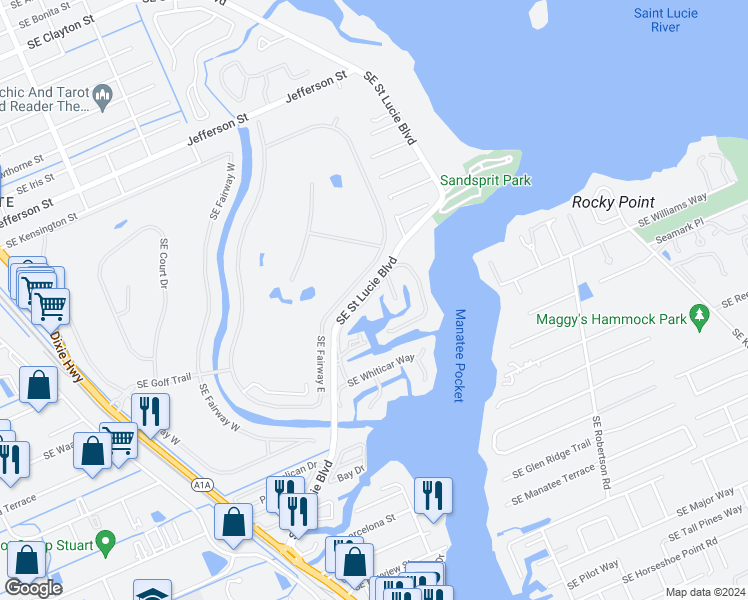 map of restaurants, bars, coffee shops, grocery stores, and more near 3934 Southeast Fairway East in Stuart