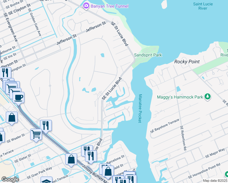map of restaurants, bars, coffee shops, grocery stores, and more near 3934 Southeast Fairway East in Stuart