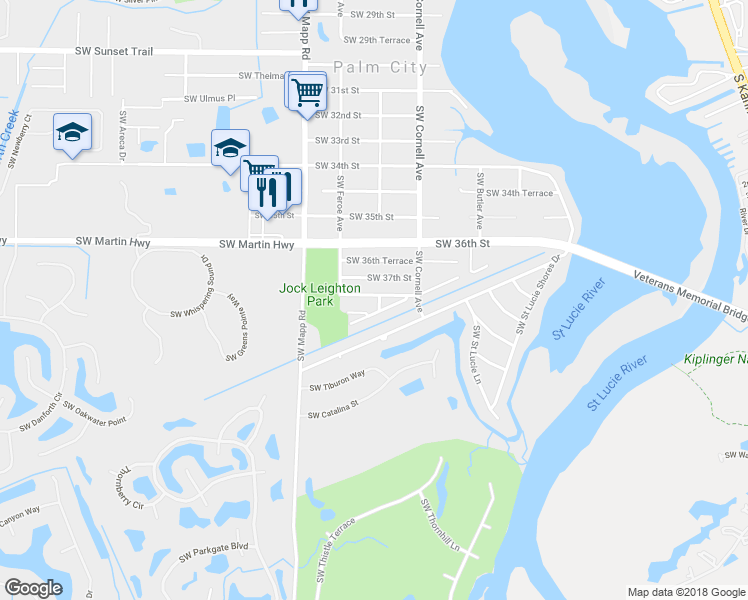 map of restaurants, bars, coffee shops, grocery stores, and more near 982 Southwest 37th Street in Palm City