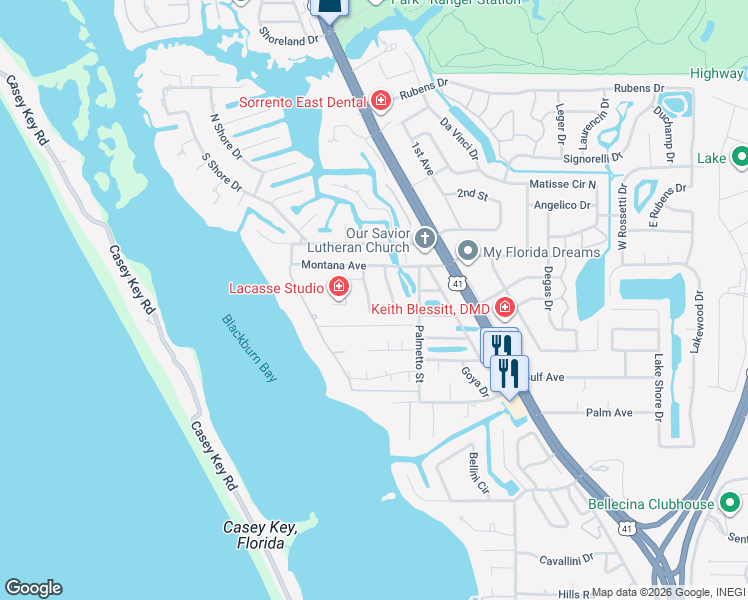 map of restaurants, bars, coffee shops, grocery stores, and more near 334 Bayside Parkway in Nokomis