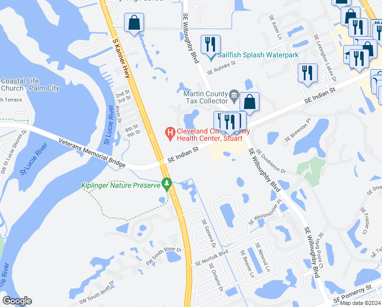 map of restaurants, bars, coffee shops, grocery stores, and more near 500 Southeast Indian Street in Stuart
