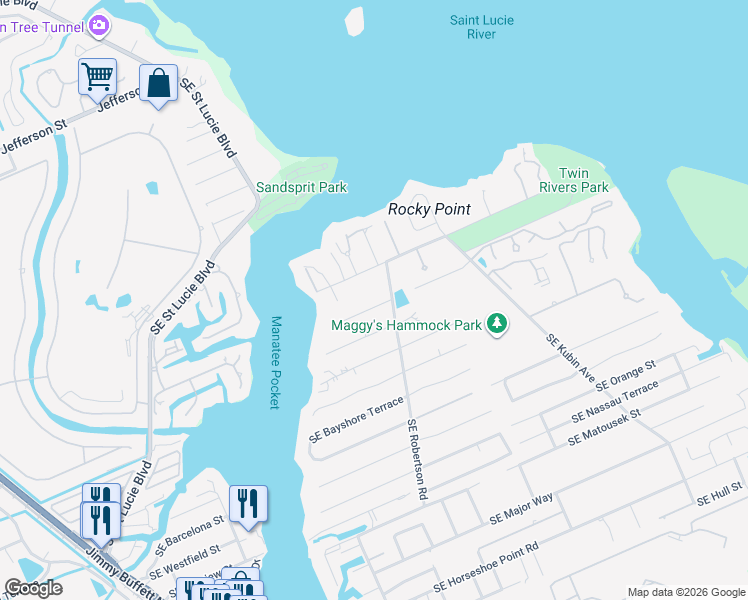 map of restaurants, bars, coffee shops, grocery stores, and more near 4743 Cheerio Way in Stuart