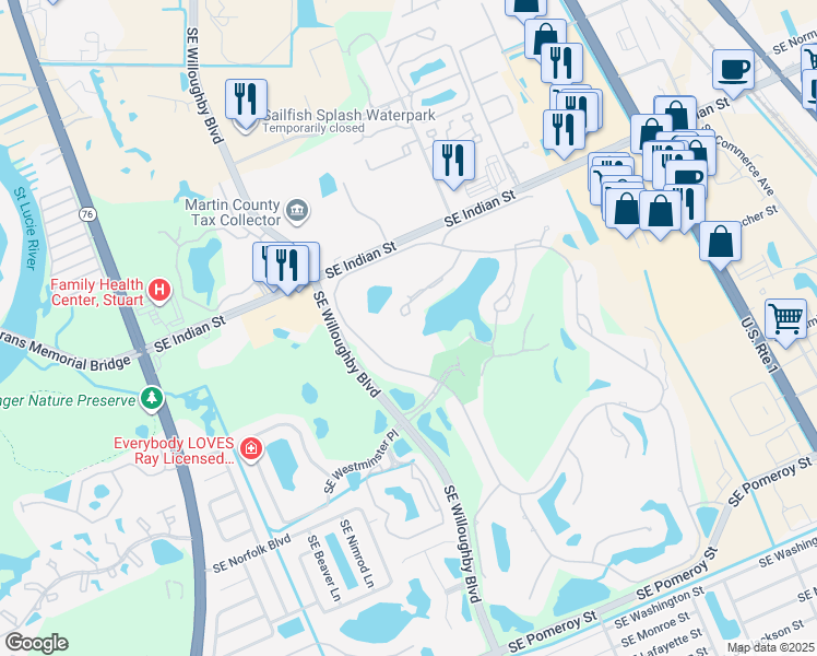 map of restaurants, bars, coffee shops, grocery stores, and more near 1258 Southeast Brewster Place in Stuart