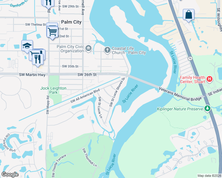 map of restaurants, bars, coffee shops, grocery stores, and more near 3754 Southwest Pompano Drive in Palm City