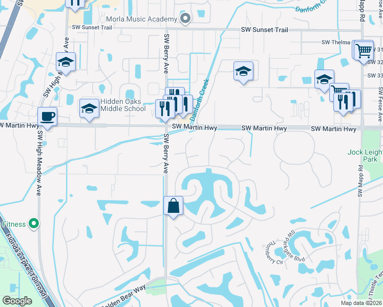 map of restaurants, bars, coffee shops, grocery stores, and more near 2250 Southwest Park Ridge Place in Palm City