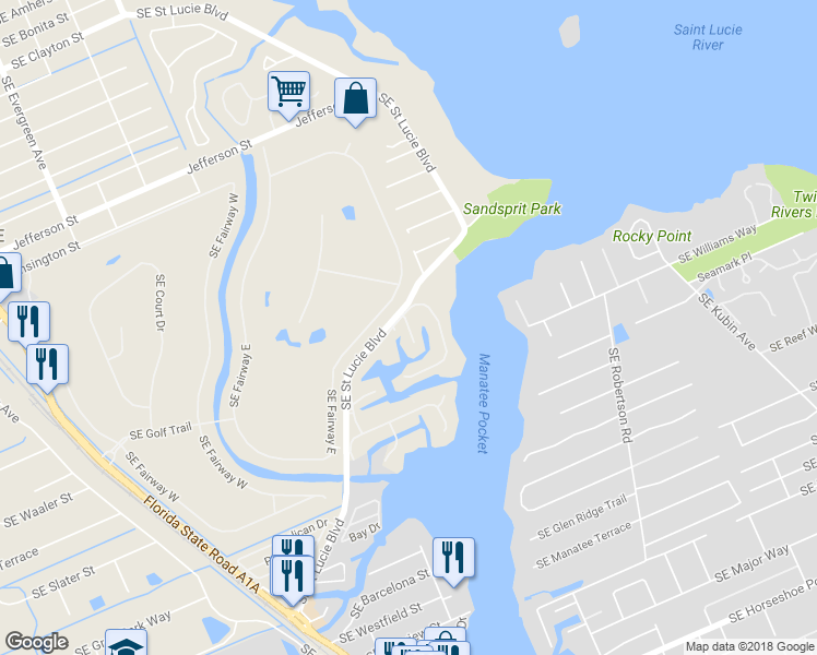 map of restaurants, bars, coffee shops, grocery stores, and more near 3713 Southeast Starboard Lane in Stuart