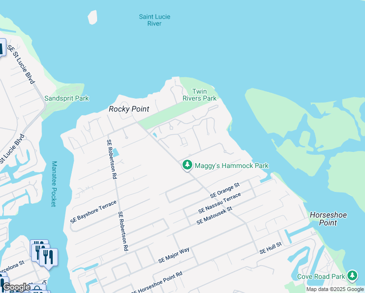 map of restaurants, bars, coffee shops, grocery stores, and more near 5303 Southeast Reef Way in Stuart