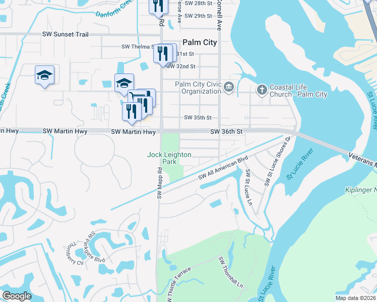 map of restaurants, bars, coffee shops, grocery stores, and more near 982 Southwest 37th Street in Palm City