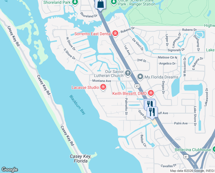 map of restaurants, bars, coffee shops, grocery stores, and more near 334 Bayside Parkway in Nokomis