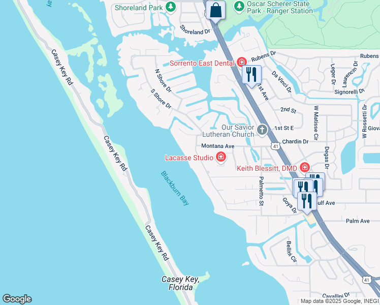 map of restaurants, bars, coffee shops, grocery stores, and more near 429 Sorrento Drive in Osprey