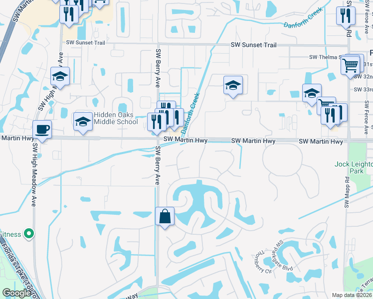map of restaurants, bars, coffee shops, grocery stores, and more near 3657 Southwest Woodbriar Lane in Palm City