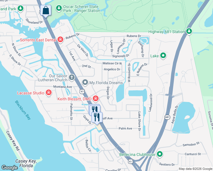 map of restaurants, bars, coffee shops, grocery stores, and more near 213 Degas Drive in Nokomis