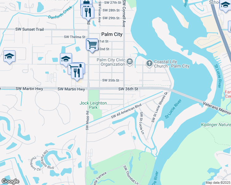 map of restaurants, bars, coffee shops, grocery stores, and more near 877 Southwest 36th Terrace in Palm City