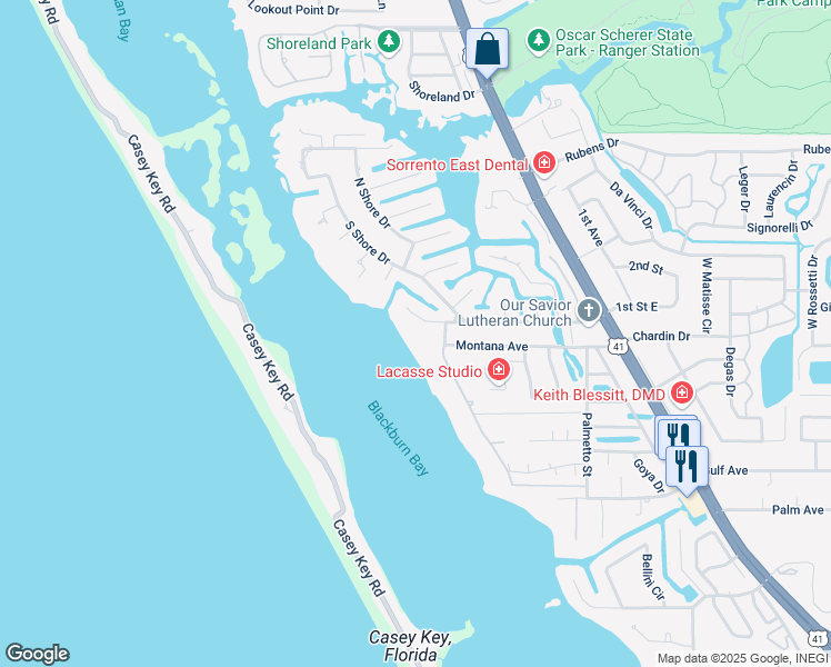 map of restaurants, bars, coffee shops, grocery stores, and more near 429 Sorrento Drive in Osprey