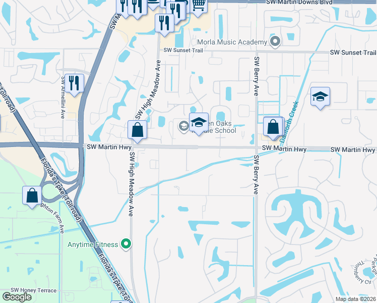 map of restaurants, bars, coffee shops, grocery stores, and more near 2840 Southwest Martin Highway in Palm City