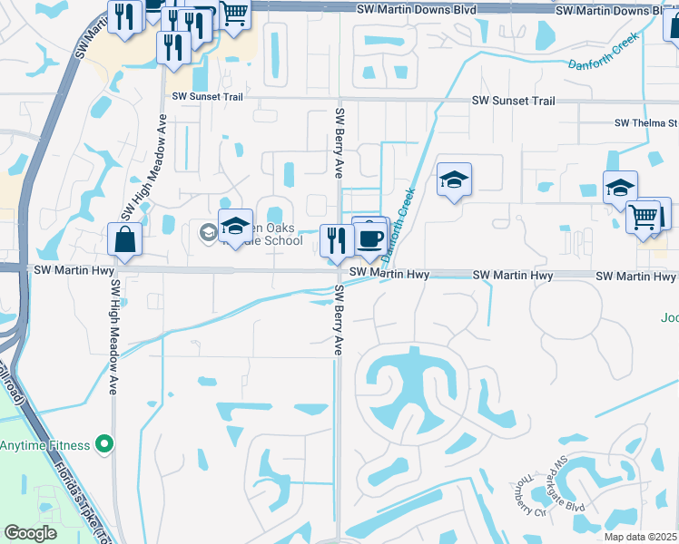 map of restaurants, bars, coffee shops, grocery stores, and more near SW Martin Hwy & SW Berry Ave in Palm City