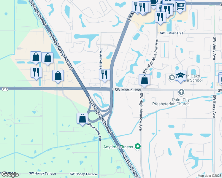 map of restaurants, bars, coffee shops, grocery stores, and more near SW Martin Hwy & SW Martin Downs Blvd in Palm City