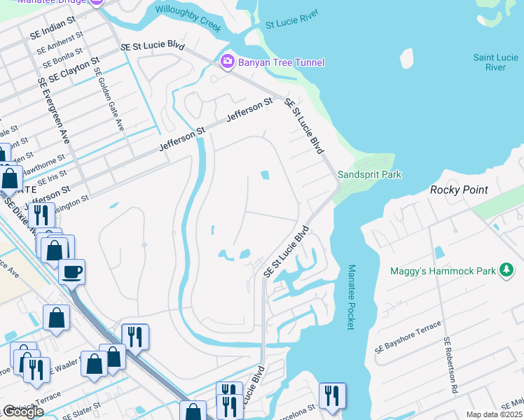 map of restaurants, bars, coffee shops, grocery stores, and more near 3491 Southeast Clubhouse Place in Stuart