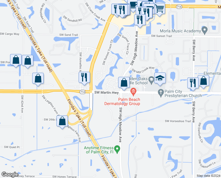 map of restaurants, bars, coffee shops, grocery stores, and more near 3249 Southwest Sunset Trace Circle in Palm City