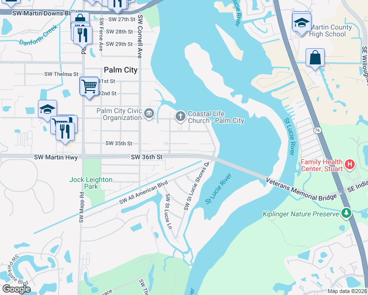 map of restaurants, bars, coffee shops, grocery stores, and more near 553 Southwest 35th Street in Palm City