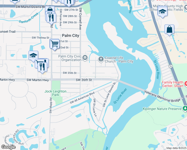 map of restaurants, bars, coffee shops, grocery stores, and more near 664 Southwest 35th Street in Palm City