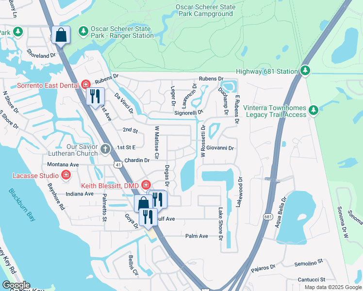 map of restaurants, bars, coffee shops, grocery stores, and more near 316 Matisse Circle South in Nokomis