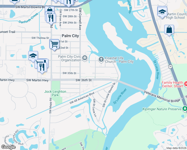 map of restaurants, bars, coffee shops, grocery stores, and more near 664 Southwest 35th Street in Palm City