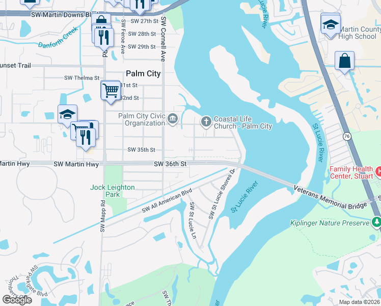 map of restaurants, bars, coffee shops, grocery stores, and more near 664 Southwest 35th Street in Palm City