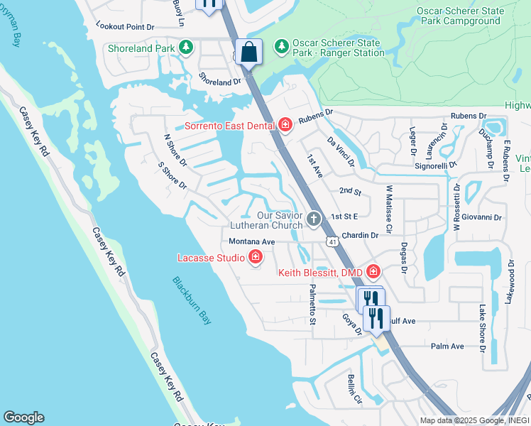 map of restaurants, bars, coffee shops, grocery stores, and more near 214 Van Gogh Drive in Osprey