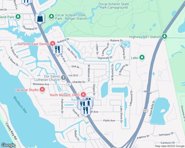 map of restaurants, bars, coffee shops, grocery stores, and more near 315 Degas Drive in Nokomis