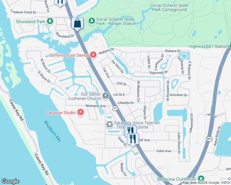 map of restaurants, bars, coffee shops, grocery stores, and more near 232 U.S. 41 in Osprey