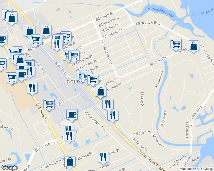 map of restaurants, bars, coffee shops, grocery stores, and more near 3044 Southeast Jefferson Street in Stuart