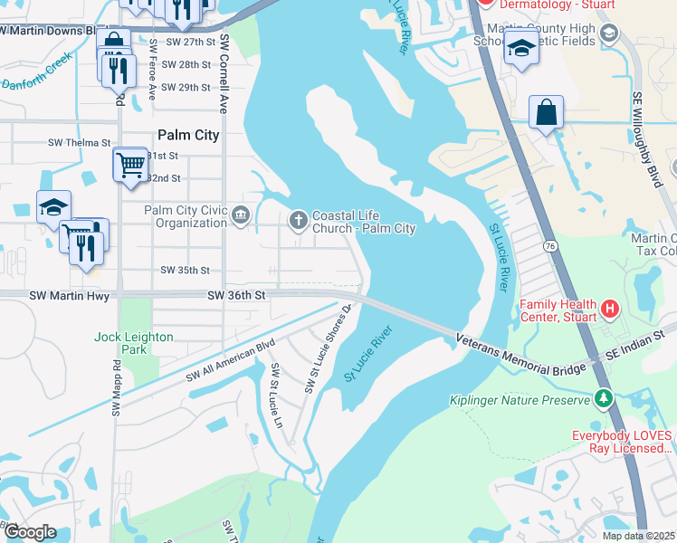 map of restaurants, bars, coffee shops, grocery stores, and more near 434 Southwest 35th Street in Palm City