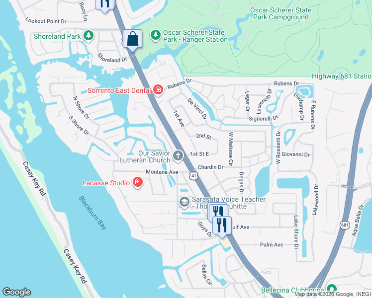 map of restaurants, bars, coffee shops, grocery stores, and more near 232 U.S. 41 in Osprey