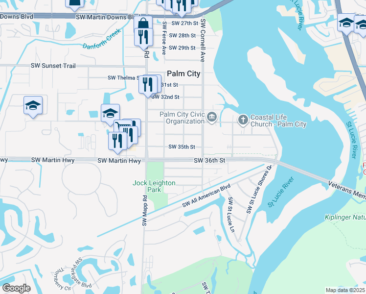 map of restaurants, bars, coffee shops, grocery stores, and more near 994 Southwest 35th Street in Palm City