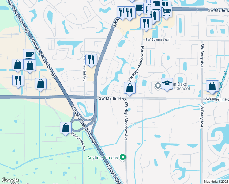 map of restaurants, bars, coffee shops, grocery stores, and more near 3257 Southwest Sunset Trace Circle in Palm City
