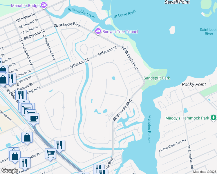 map of restaurants, bars, coffee shops, grocery stores, and more near 3491 Southeast Clubhouse Place in Stuart