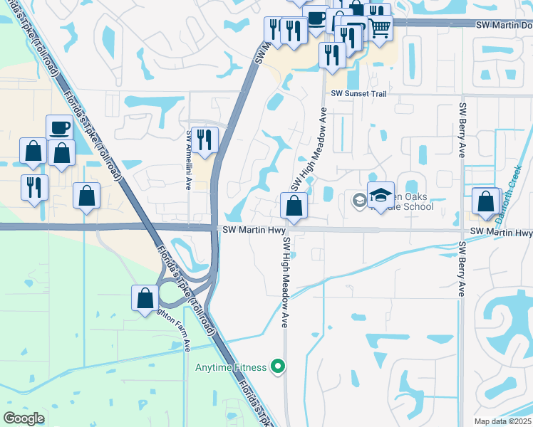 map of restaurants, bars, coffee shops, grocery stores, and more near 3257 Southwest Sunset Trace Circle in Palm City