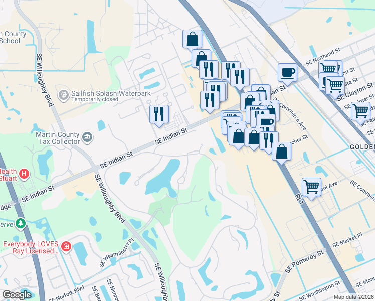 map of restaurants, bars, coffee shops, grocery stores, and more near 3356 Southeast Cambridge Drive in Stuart