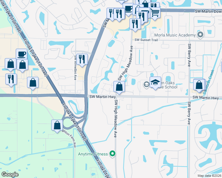 map of restaurants, bars, coffee shops, grocery stores, and more near 3335 Southwest Sunset Trace Circle in Palm City