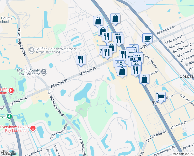 map of restaurants, bars, coffee shops, grocery stores, and more near 3356 Southeast Cambridge Drive in Stuart
