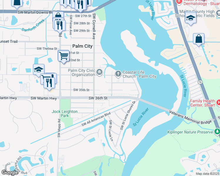map of restaurants, bars, coffee shops, grocery stores, and more near 664 Southwest 35th Street in Palm City