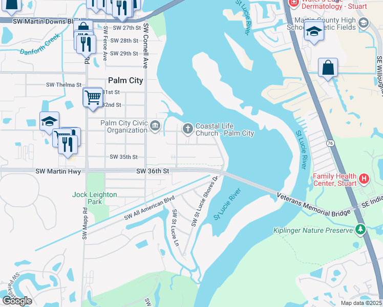 map of restaurants, bars, coffee shops, grocery stores, and more near 553 Southwest 35th Street in Palm City