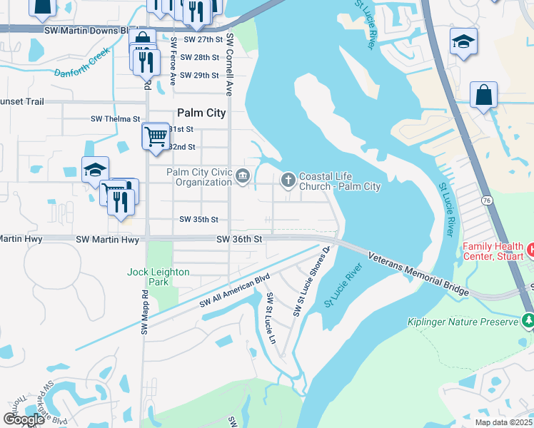 map of restaurants, bars, coffee shops, grocery stores, and more near 664 Southwest 35th Street in Palm City