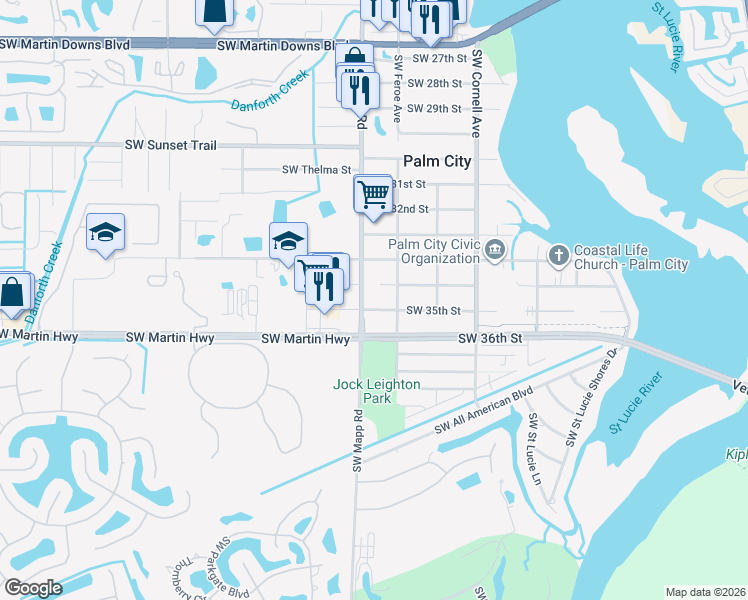 map of restaurants, bars, coffee shops, grocery stores, and more near 3475 Southwest Mapp Road in Palm City