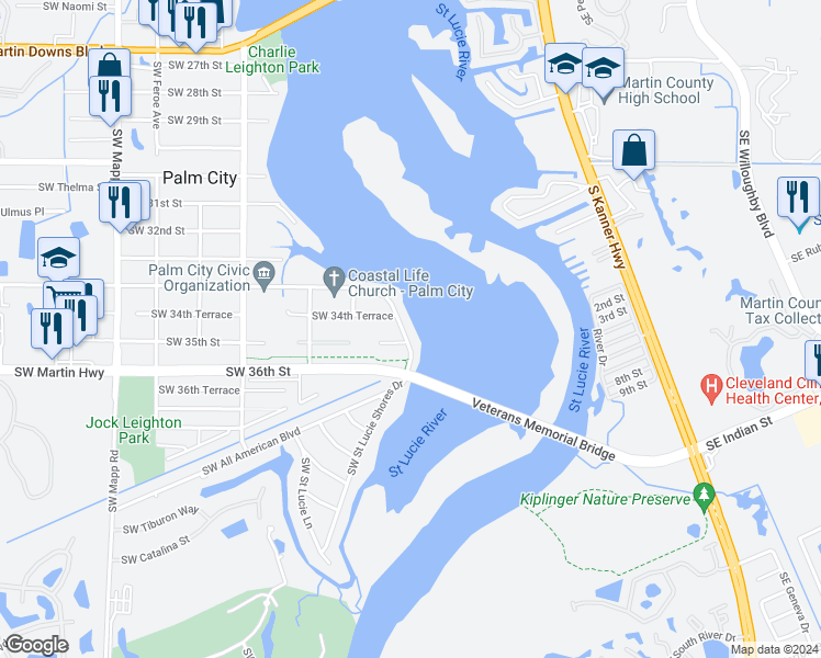map of restaurants, bars, coffee shops, grocery stores, and more near 391 Southwest 35th Street in Palm City