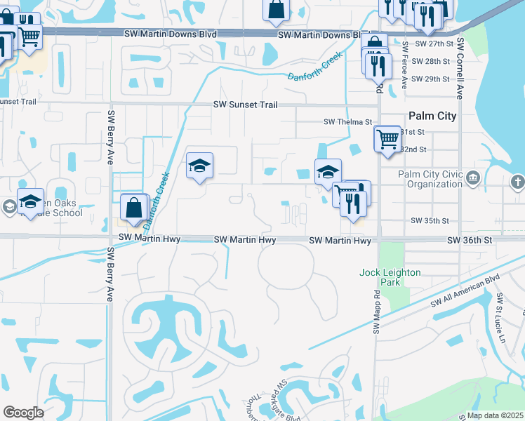 map of restaurants, bars, coffee shops, grocery stores, and more near 3526 Southwest Sawgrass Villas Drive in Palm City